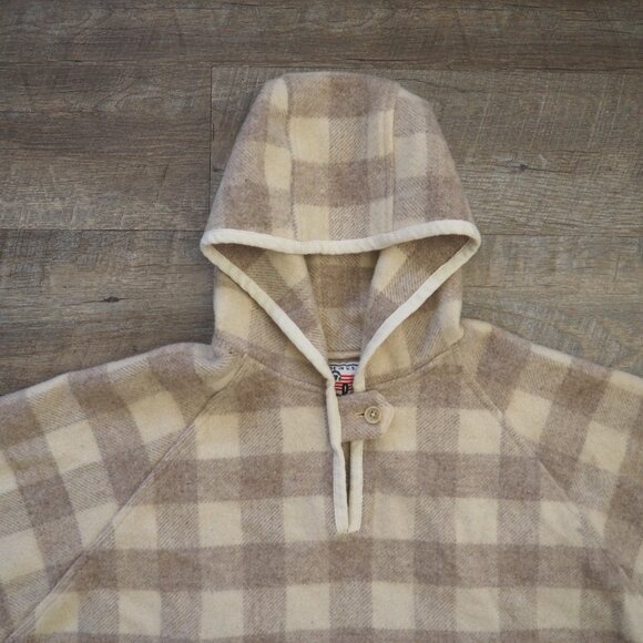 Woolrich Beige Buffalo Plaid Check Hoodie Hooded Pullover Popover Cape Poncho - Picture 3 of 7